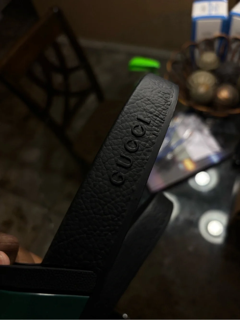 Gucci Black Slide Sandals with Red and Green Stripes